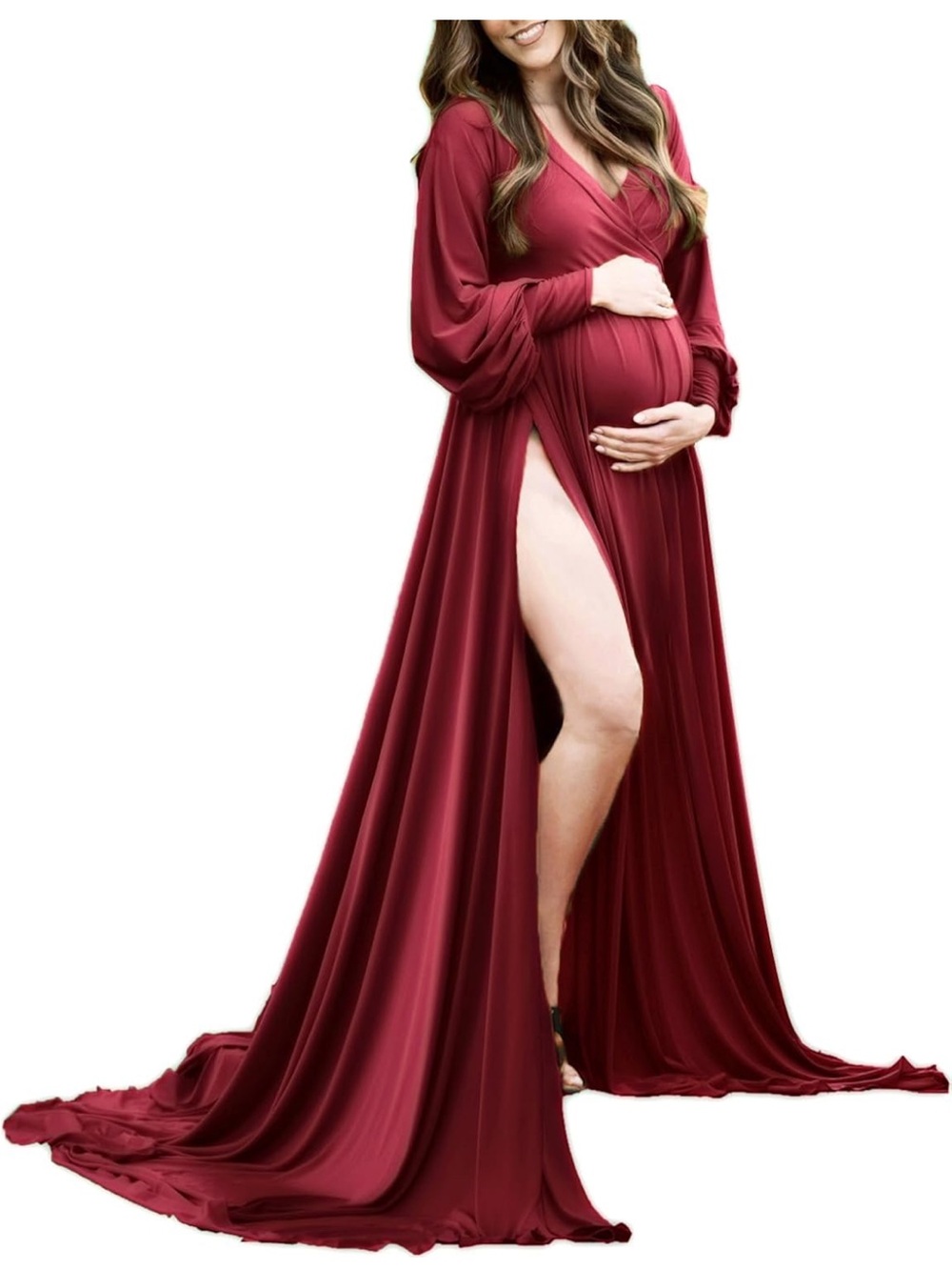 Maternity Maxi Gown with High Slit - Burgundy